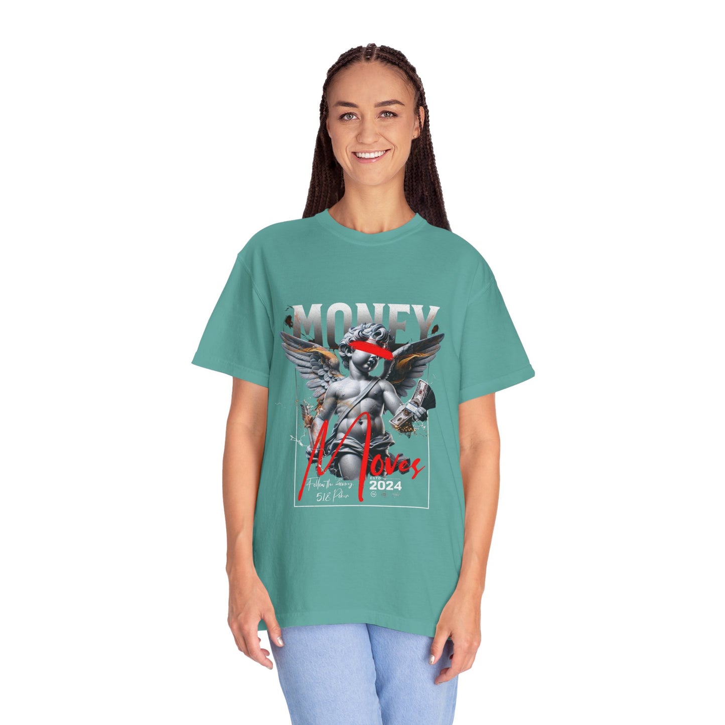 Money Loves T-Shirt — Graphic Angel Statue Design (2024)