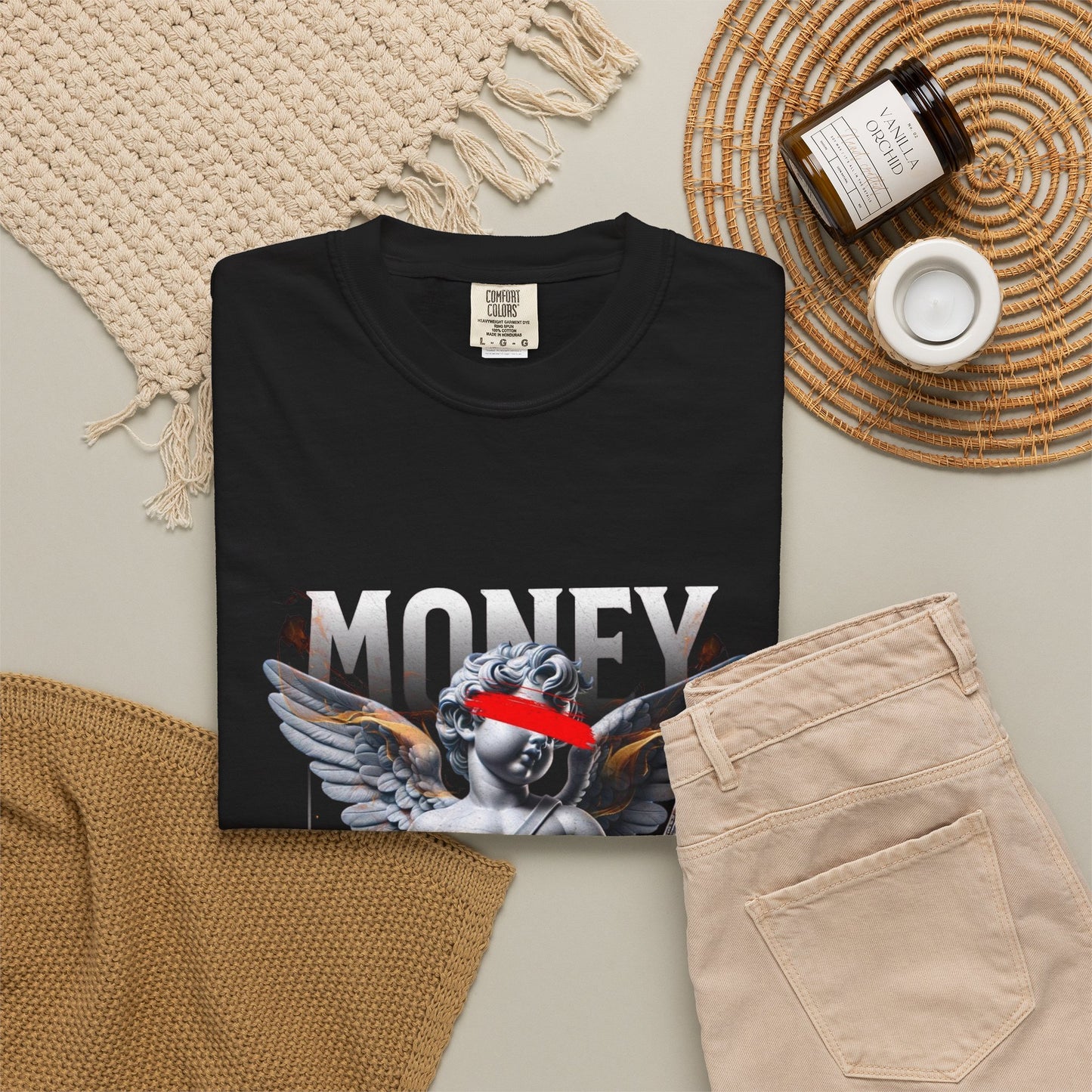 Money Loves T-Shirt — Graphic Angel Statue Design (2024)