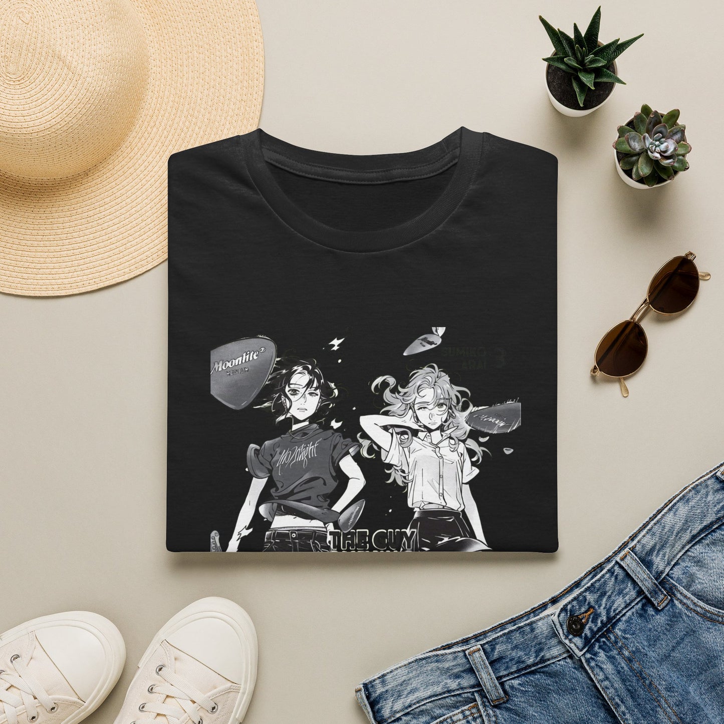 Camiseta gráfica de dúo de chicas de anime — Diseño de manga retro negra