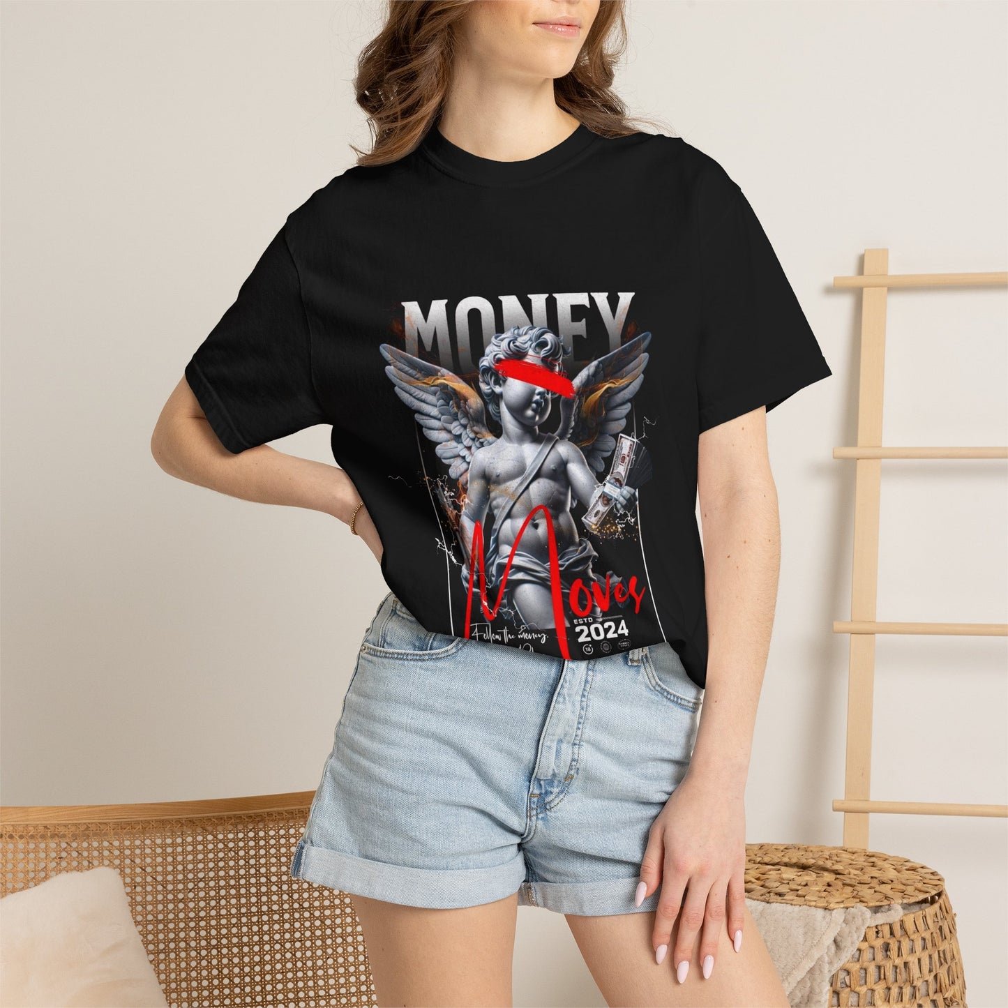 Money Loves T-Shirt — Graphic Angel Statue Design (2024)