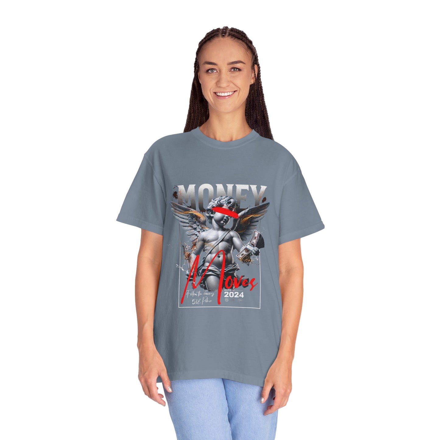 Money Loves T-Shirt — Graphic Angel Statue Design (2024)