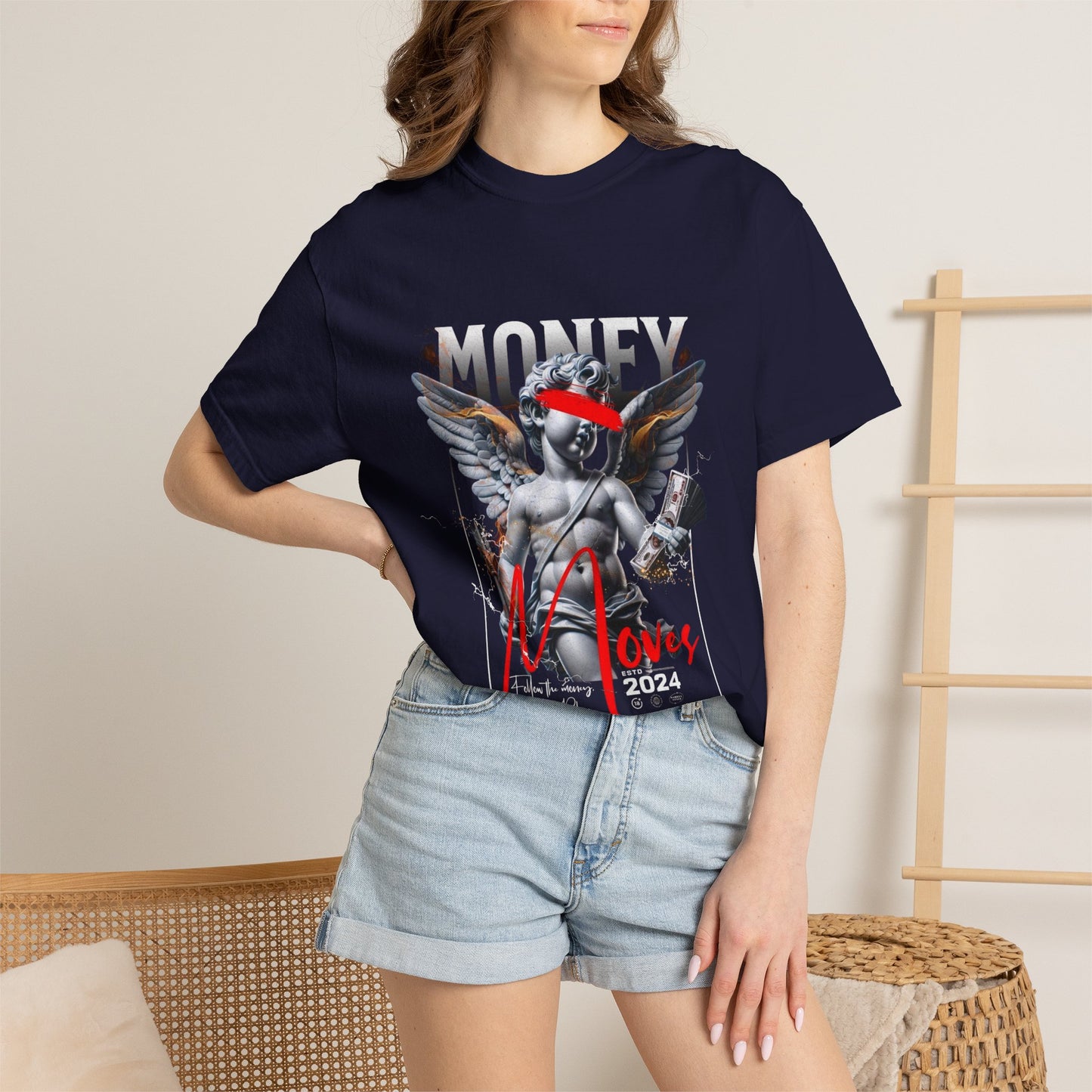 Money Loves T-Shirt — Graphic Angel Statue Design (2024)
