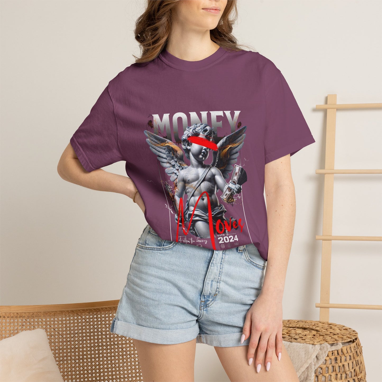 Money Loves T-Shirt — Graphic Angel Statue Design (2024)