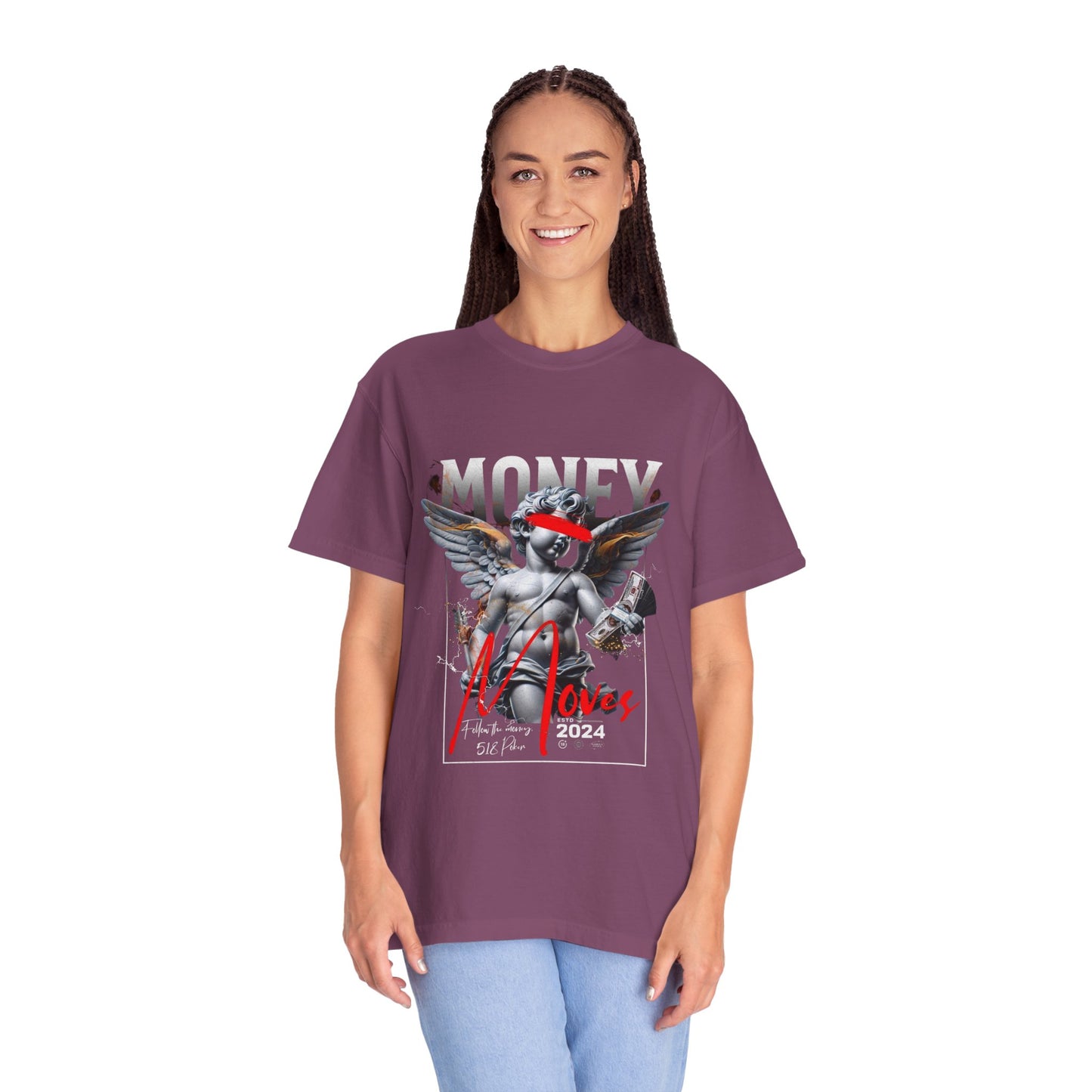 Money Loves T-Shirt — Graphic Angel Statue Design (2024)