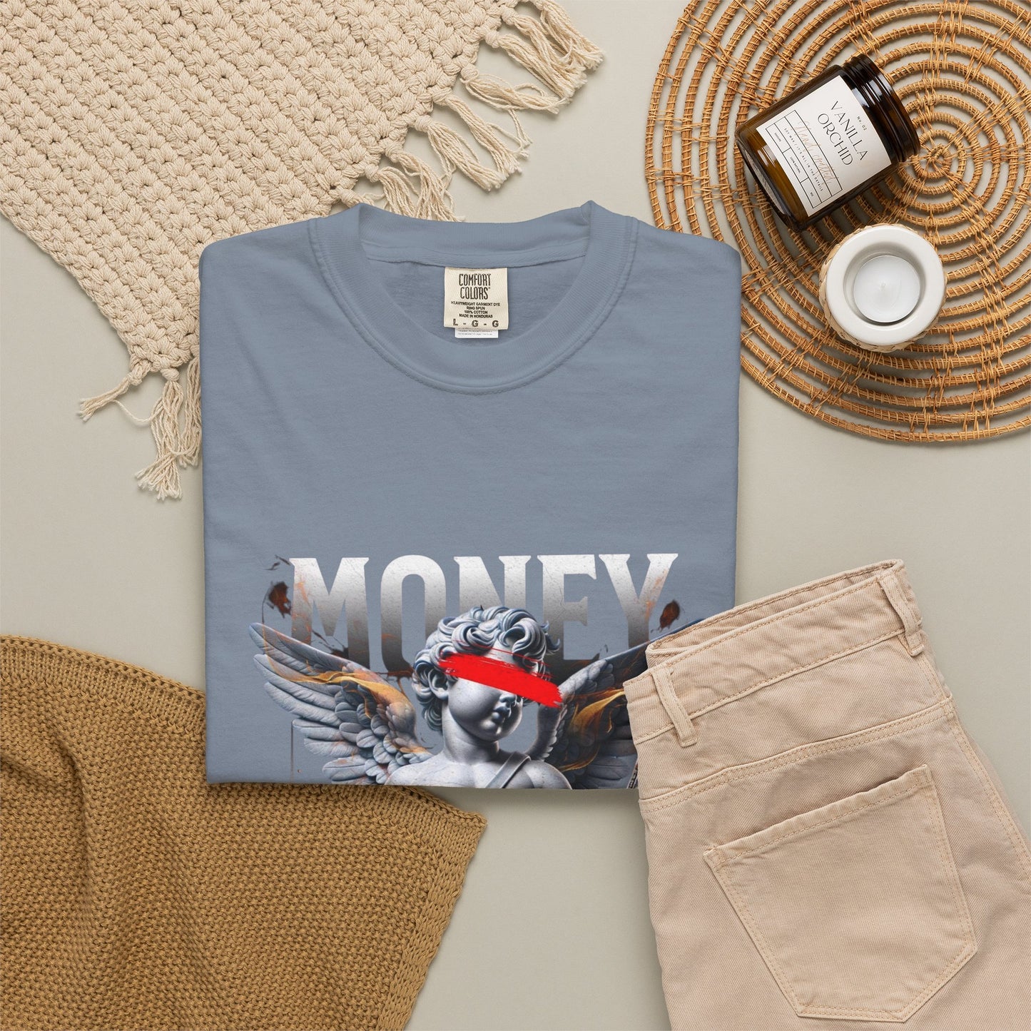 Money Loves T-Shirt — Graphic Angel Statue Design (2024)